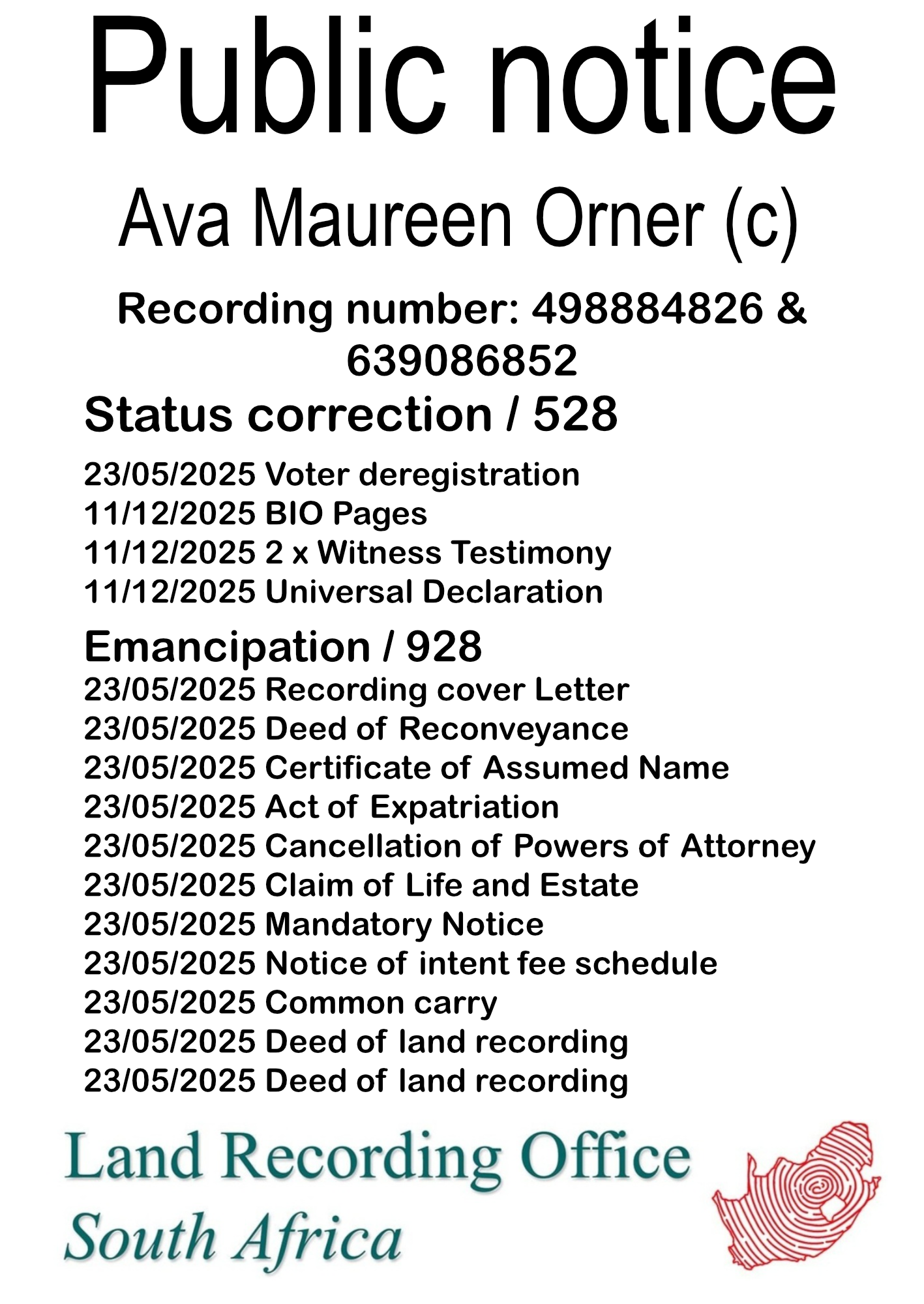 Public notice Ava Maureen Orner Recording number 498884826 & 639086852